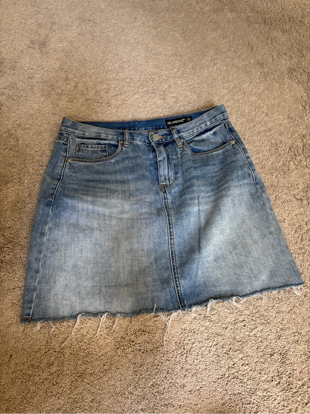 Blank NYC Washed Blue Denim Mini Skirt with Frayed Hem